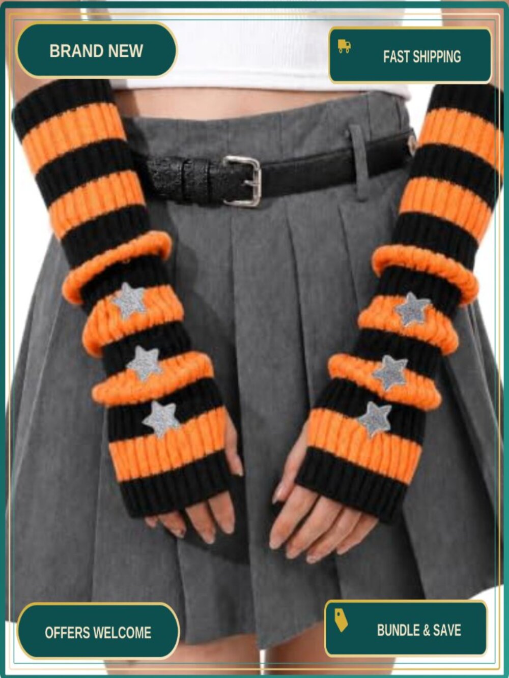 Women's Knitted Arm Warmers Long Fingerless Gloves Embroidered Star